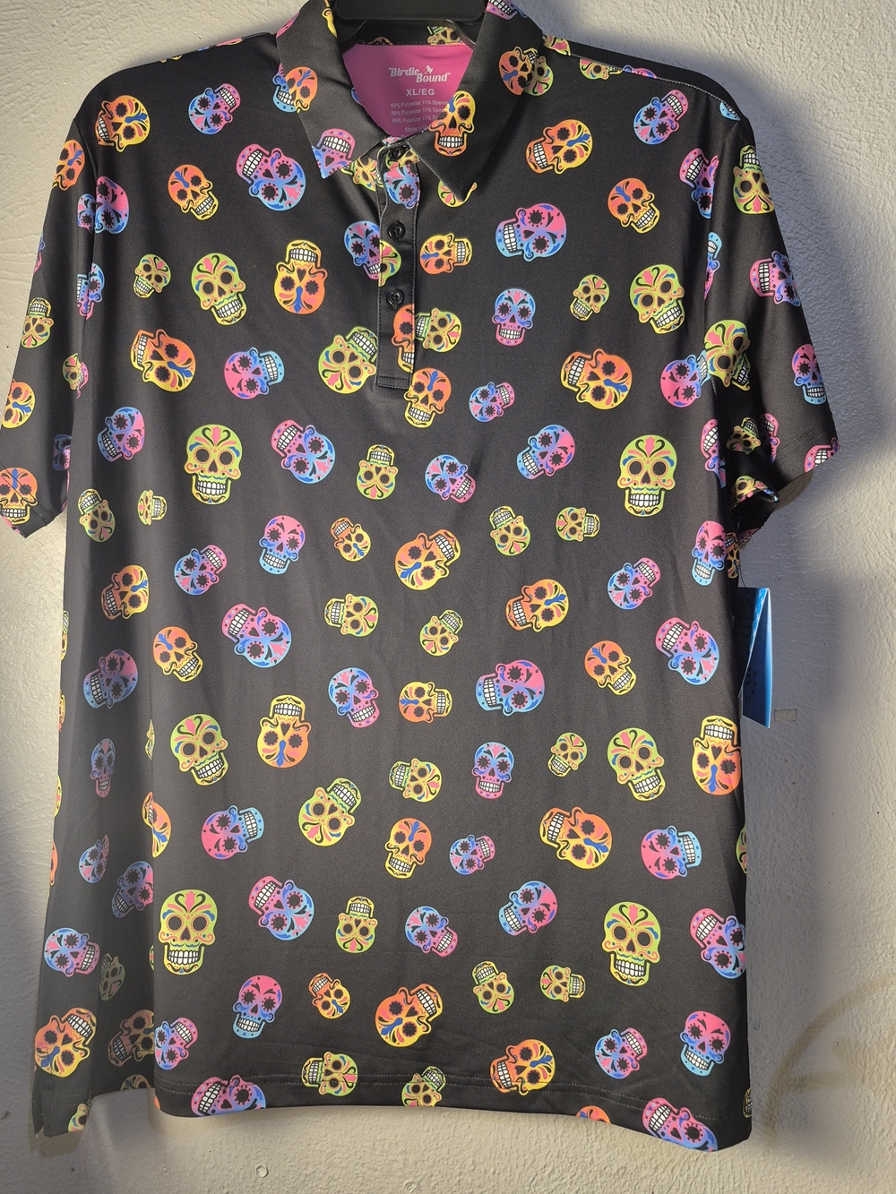 Birdies Black Polo with Neon Sugar Skull Print